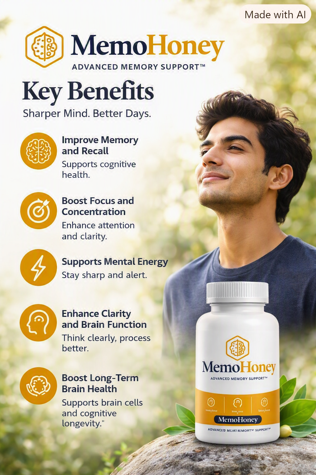 MemoHoney benefits illustration – memory, focus, clarity and energy
